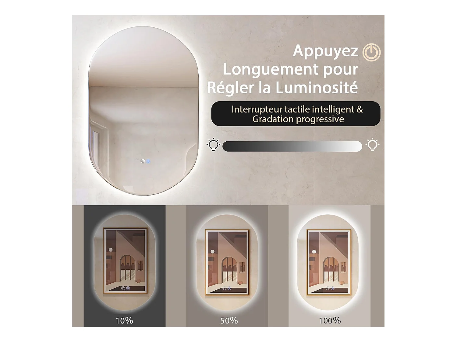 Miroir de Salle de Bain LED 80 x 50 CM, Miroir Mural Ovale Antibué avec 3 Couleurs et Luminosité Réglable, Miroir Cosmétique Antidéflagrant avec Interrupteur Tactile Intelligent, IP54