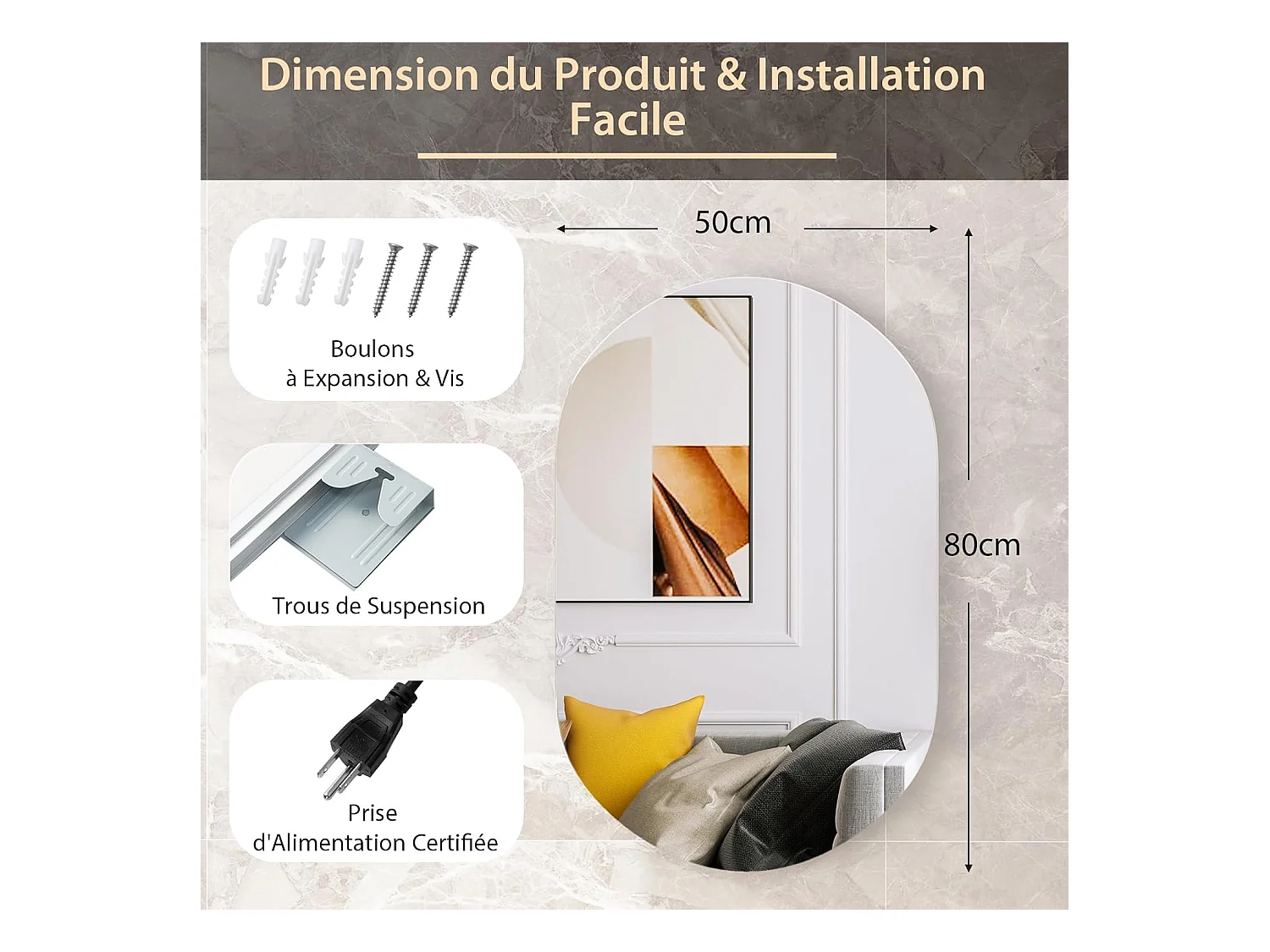 Miroir de Salle de Bain LED 80 x 50 CM, Miroir Mural Ovale Antibué avec 3 Couleurs et Luminosité Réglable, Miroir Cosmétique Antidéflagrant avec Interrupteur Tactile Intelligent, IP54