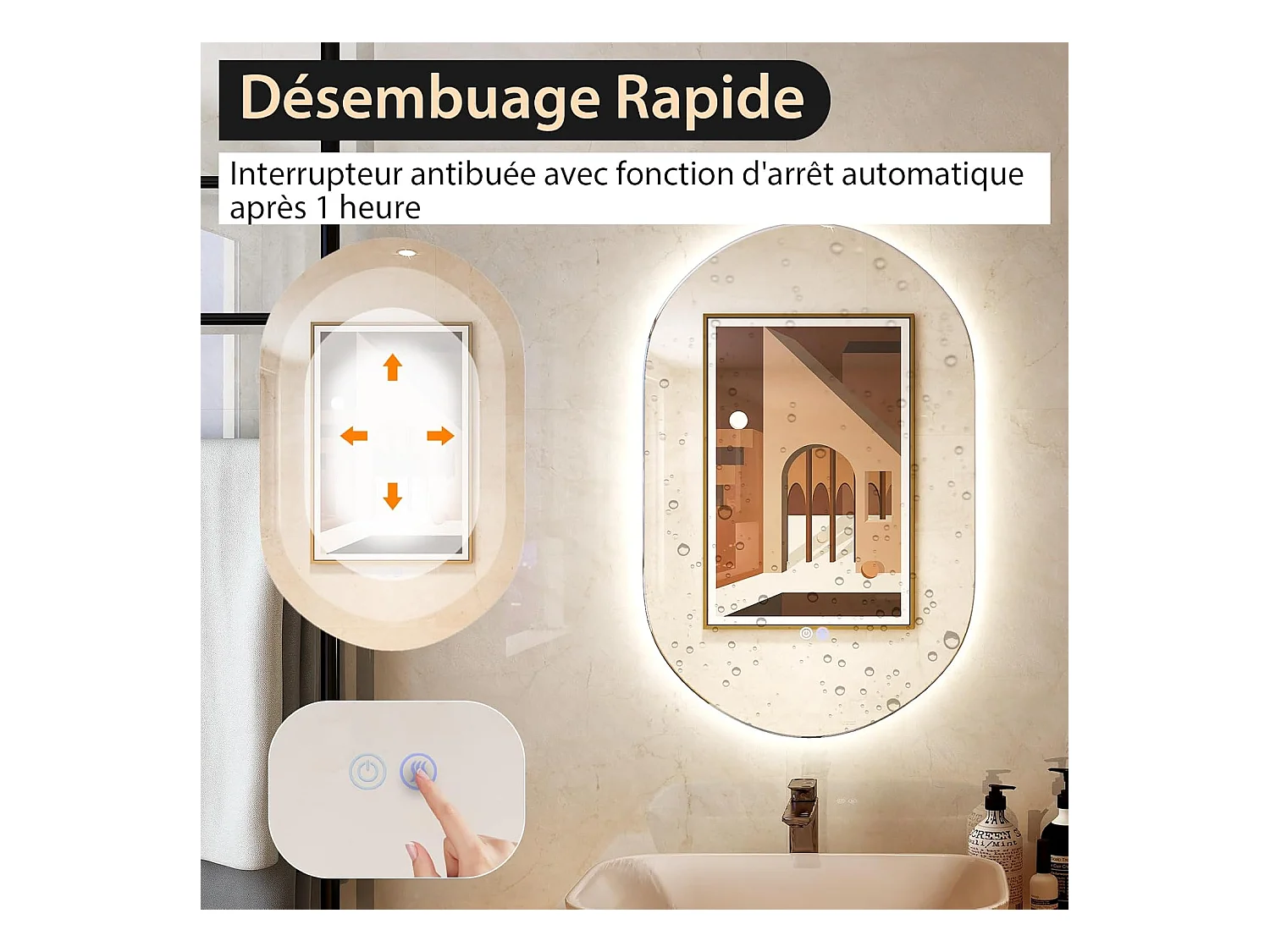 Miroir de Salle de Bain LED 80 x 50 CM, Miroir Mural Ovale Antibué avec 3 Couleurs et Luminosité Réglable, Miroir Cosmétique Antidéflagrant avec Interrupteur Tactile Intelligent, IP54