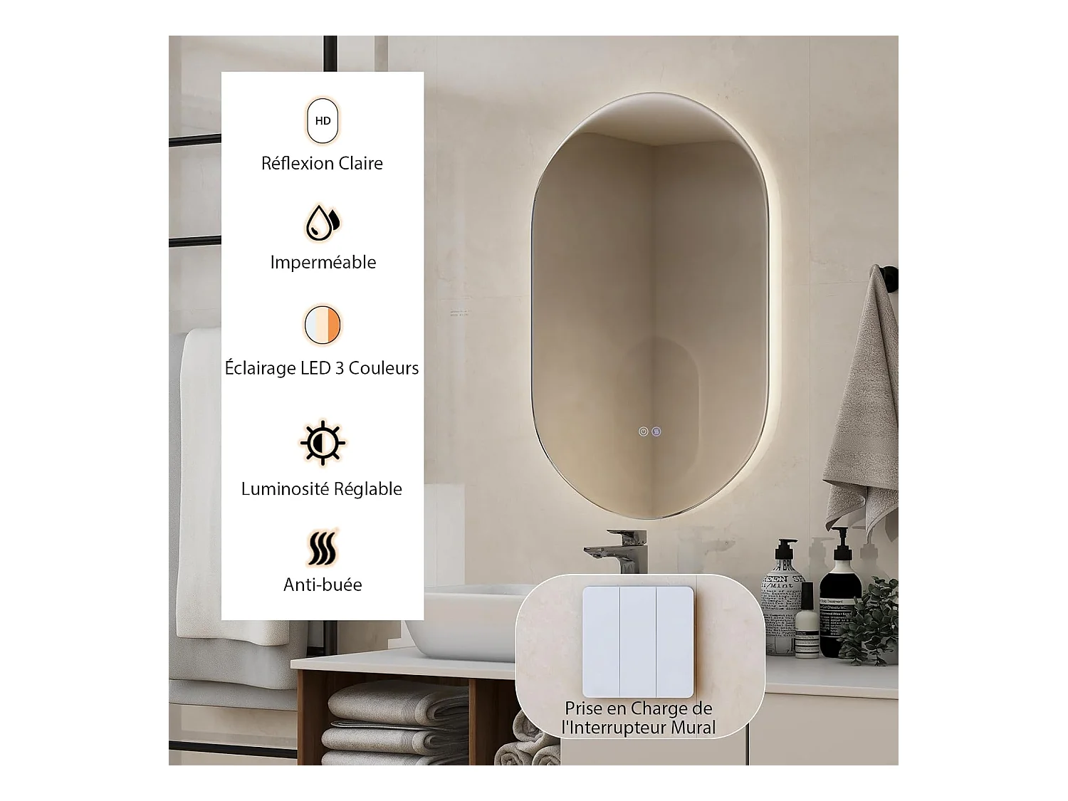 Miroir de Salle de Bain LED 80 x 50 CM, Miroir Mural Ovale Antibué avec 3 Couleurs et Luminosité Réglable, Miroir Cosmétique Antidéflagrant avec Interrupteur Tactile Intelligent, IP54