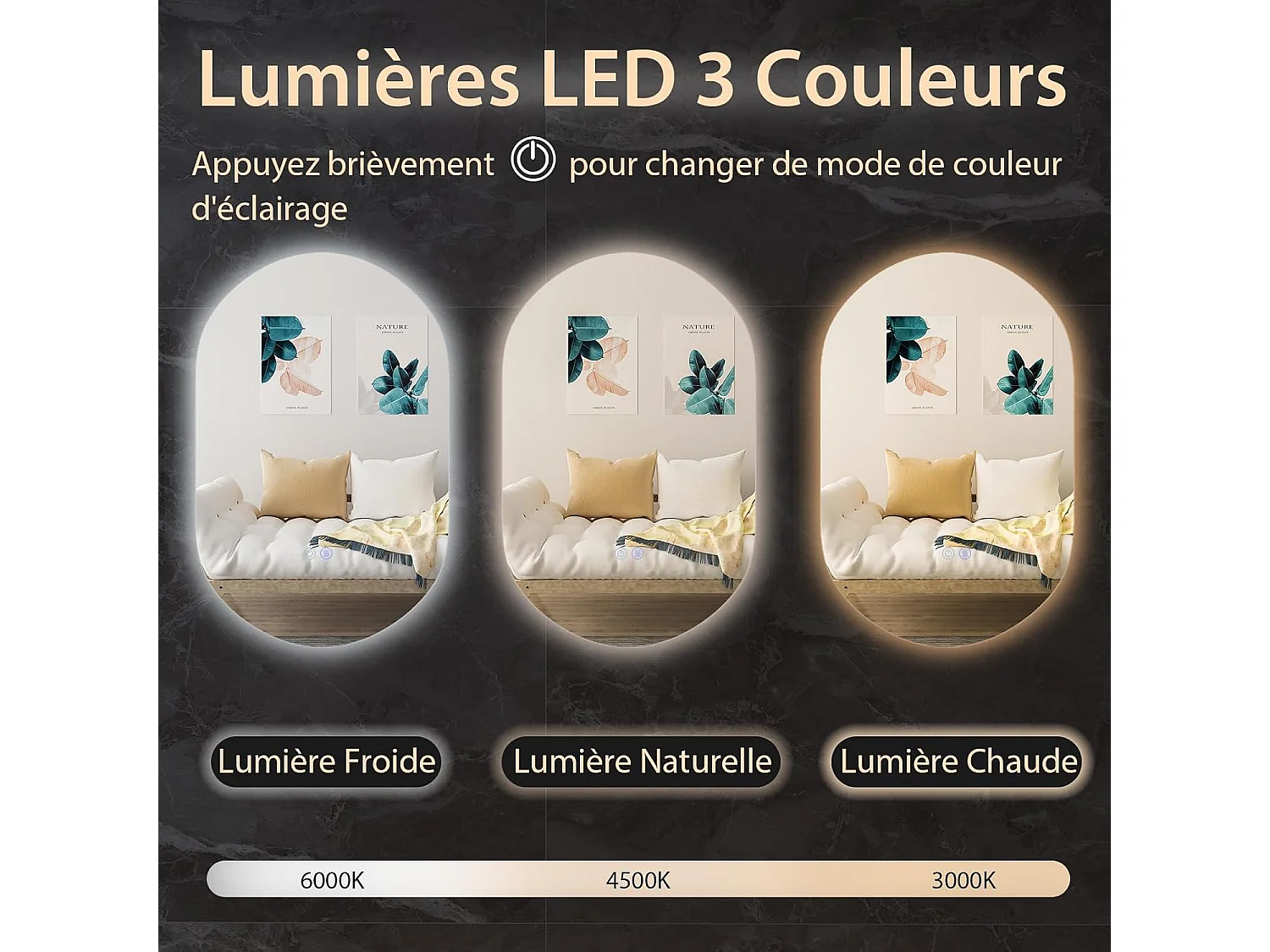 Miroir de Salle de Bain LED 80 x 50 CM, Miroir Mural Ovale Antibué avec 3 Couleurs et Luminosité Réglable, Miroir Cosmétique Antidéflagrant avec Interrupteur Tactile Intelligent, IP54
