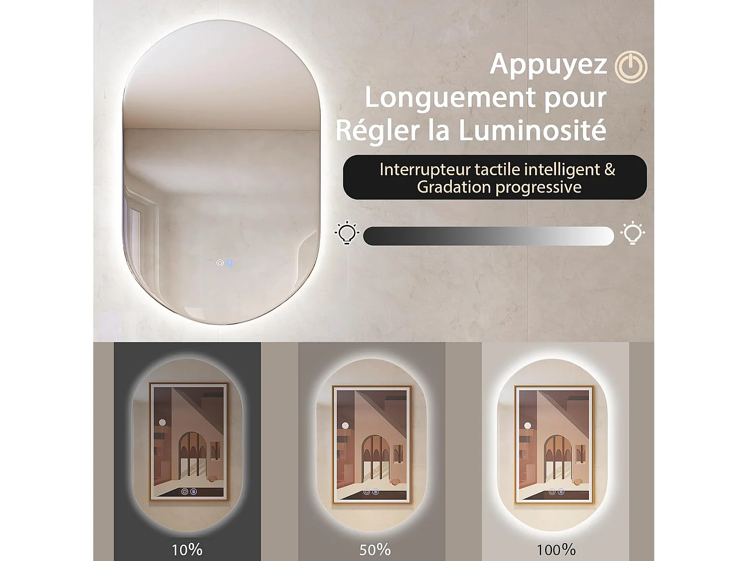 Miroir de Salle de Bain LED 80 x 50 CM, Miroir Mural Ovale Antibué avec 3 Couleurs et Luminosité Réglable, Miroir Cosmétique Antidéflagrant avec Interrupteur Tactile Intelligent, IP54