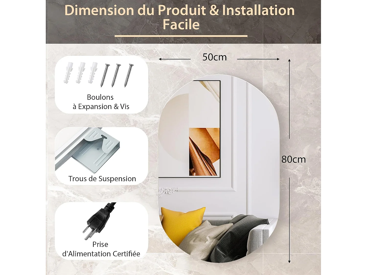 Miroir de Salle de Bain LED 80 x 50 CM, Miroir Mural Ovale Antibué avec 3 Couleurs et Luminosité Réglable, Miroir Cosmétique Antidéflagrant avec Interrupteur Tactile Intelligent, IP54