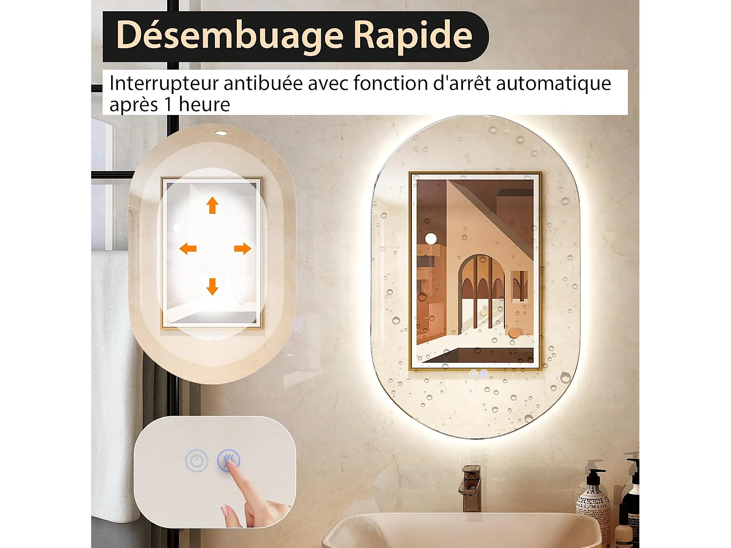 Miroir de Salle de Bain LED 80 x 50 CM, Miroir Mural Ovale Antibué avec 3 Couleurs et Luminosité Réglable, Miroir Cosmétique Antidéflagrant avec Interrupteur Tactile Intelligent, IP54