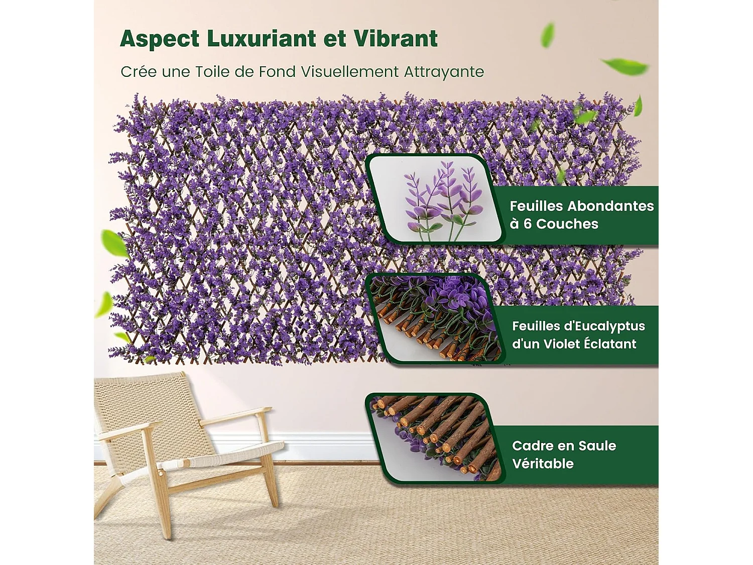 Haie artificielle brise-vue décoration extensible, cadre en saule (eucalyptus violet)