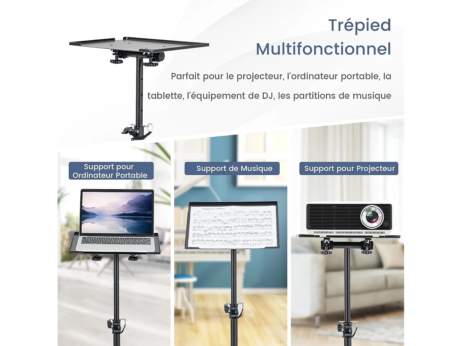Trépied pour projecteur à hauteur réglable 70-118,5cm, Support Videoprojecteur avec Plateau Inclinable