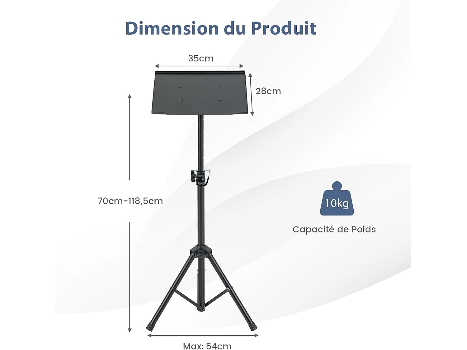 Trépied pour projecteur à hauteur réglable 70-118,5cm, Support Videoprojecteur avec Plateau Inclinable