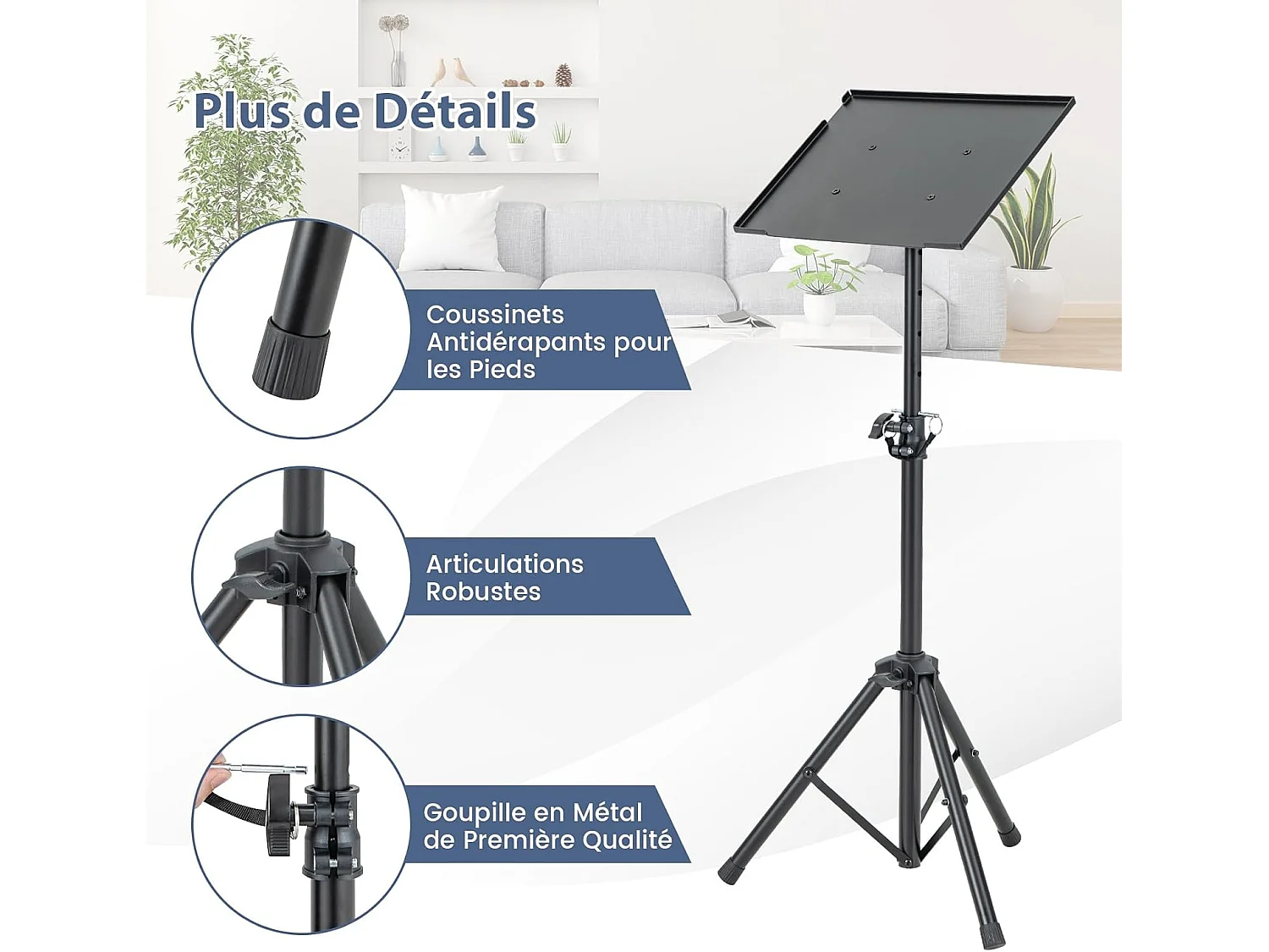 Trépied pour projecteur à hauteur réglable 70-118,5cm, Support Videoprojecteur avec Plateau Inclinable