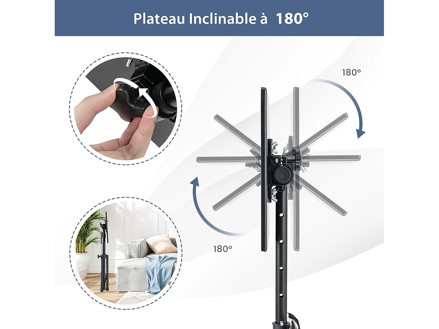 Trépied pour projecteur à hauteur réglable 70-118,5cm, Support Videoprojecteur avec Plateau Inclinable