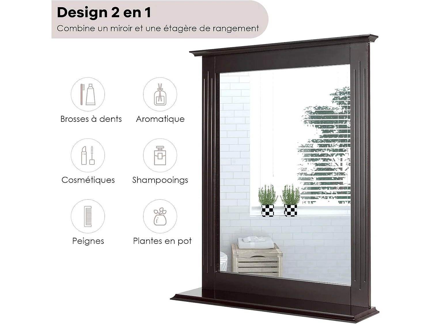 Miroir mural salle de bain avec tablette de rangement, 57 x 12 x 68cm (marron)