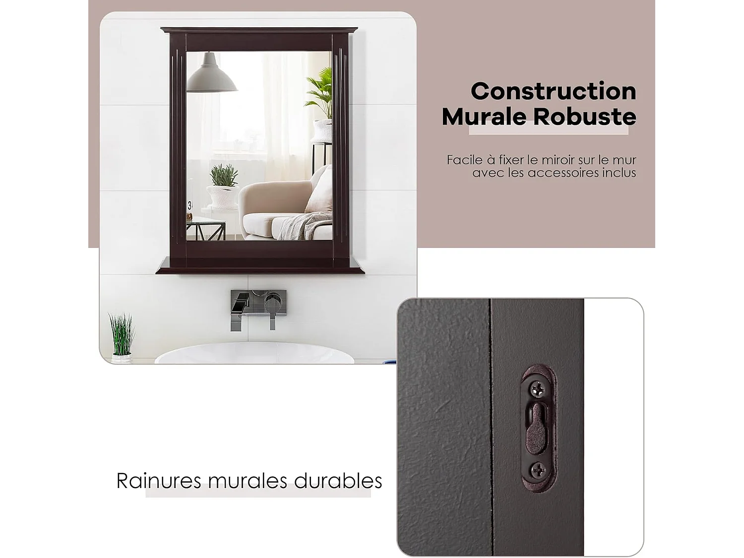 Miroir mural salle de bain avec tablette de rangement, 57 x 12 x 68cm (marron)
