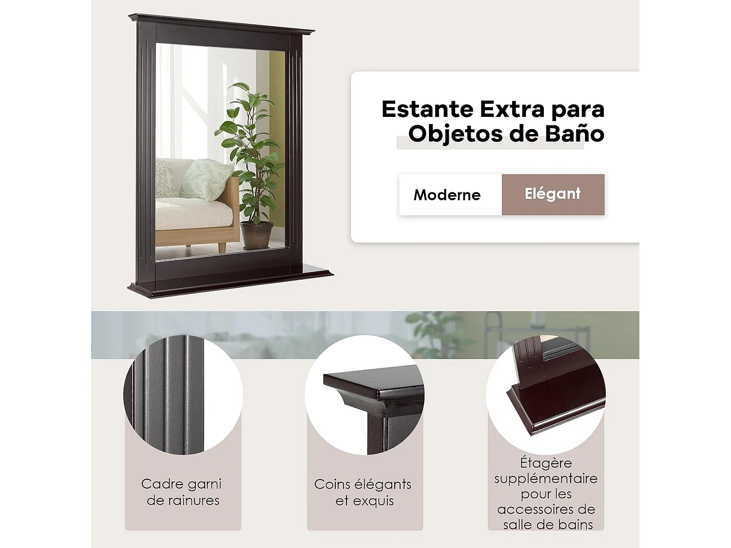 Miroir mural salle de bain avec tablette de rangement, 57 x 12 x 68cm (marron)