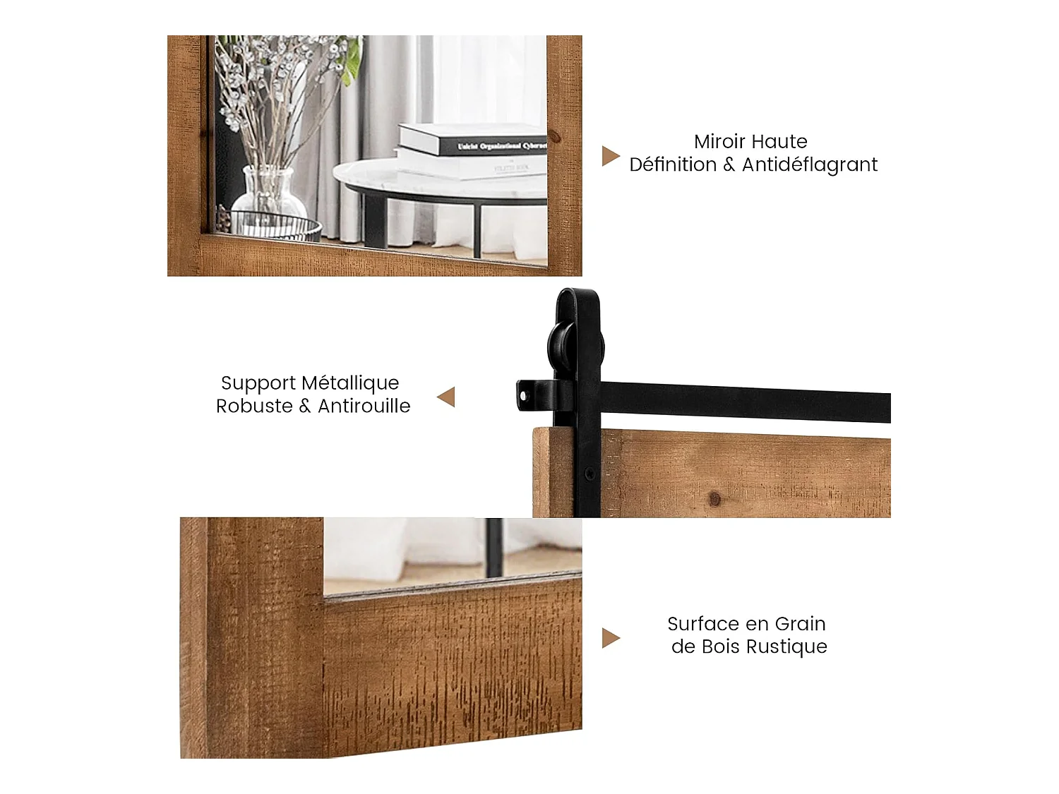 Miroir mural rustique avec cadre en bois massif, miroir avec kit, 76 x 56 cm (marron)