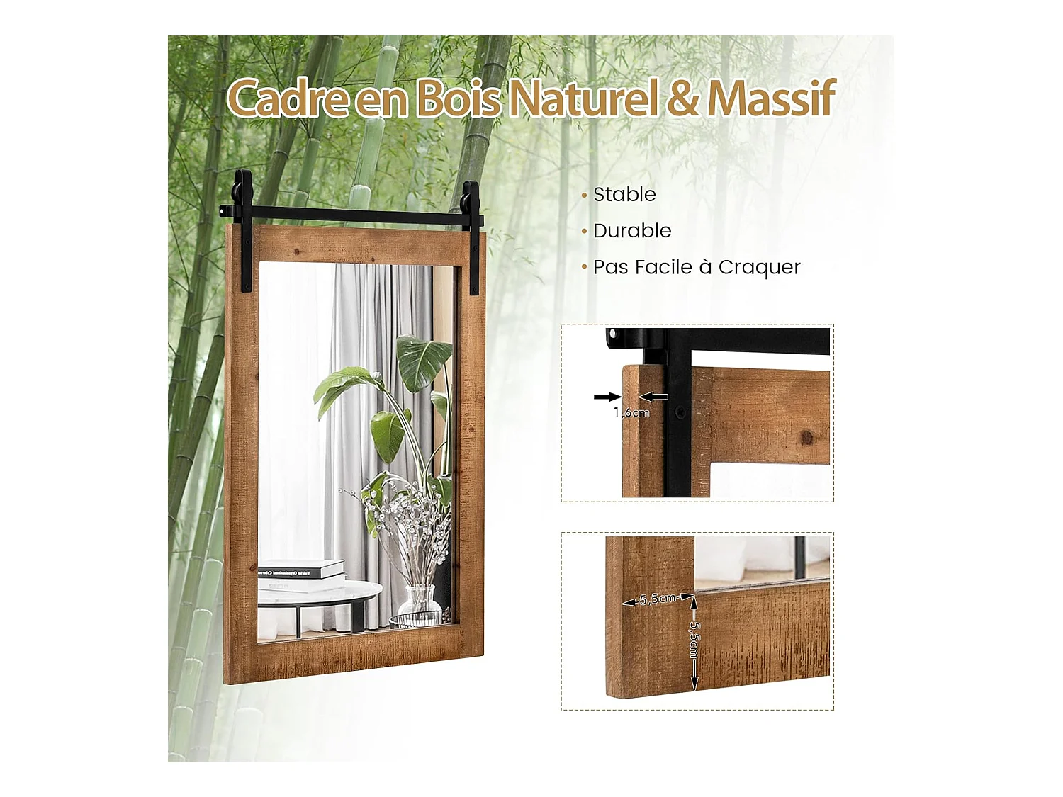 Miroir mural rustique avec cadre en bois massif, miroir avec kit, 76 x 56 cm (marron)