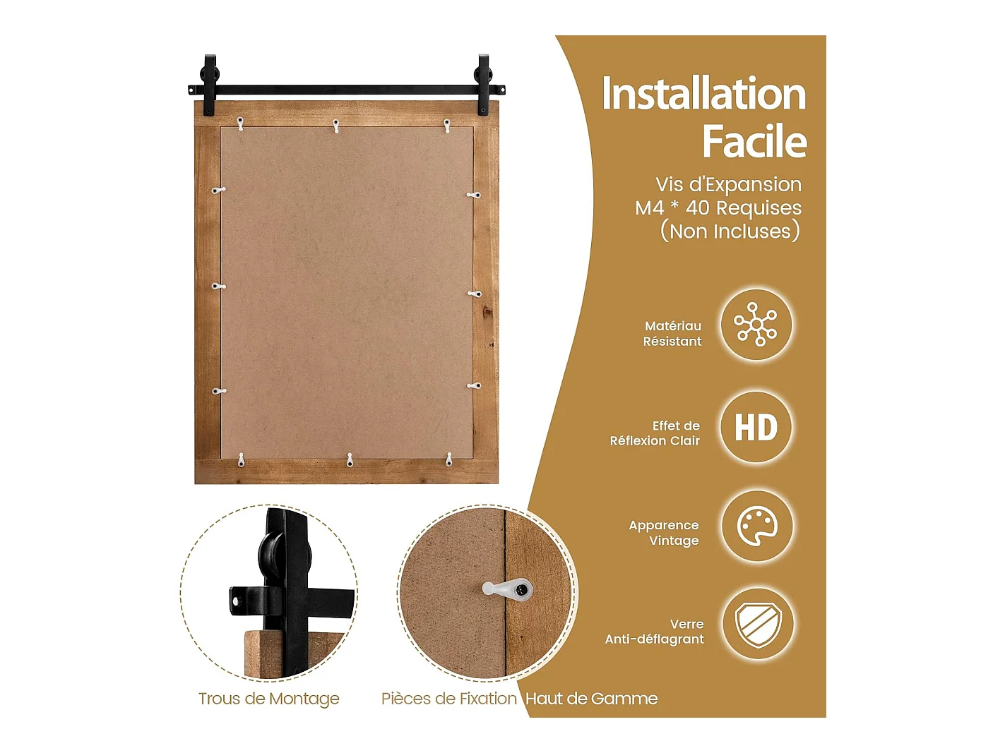 Miroir mural rustique avec cadre en bois massif, miroir avec kit, 76 x 56 cm (marron)