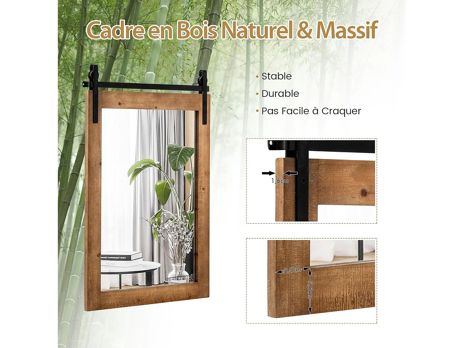 Miroir mural rustique avec cadre en bois massif, miroir avec kit, 76 x 56 cm (marron)