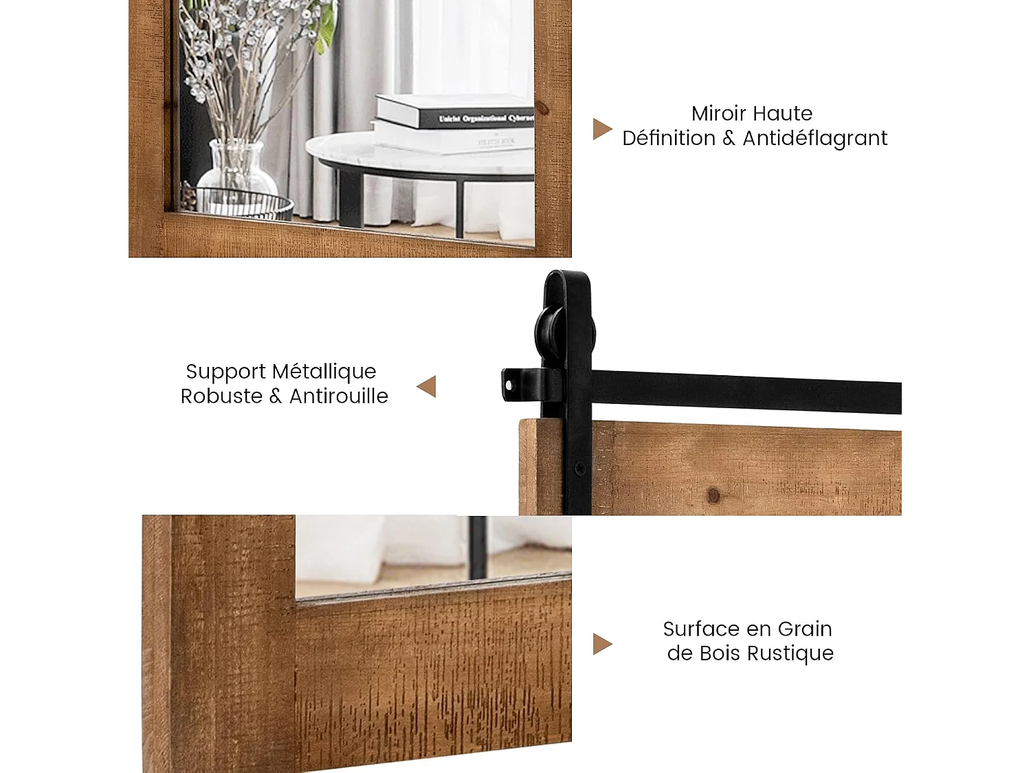 Miroir mural rustique avec cadre en bois massif, miroir avec kit, 76 x 56 cm (marron)