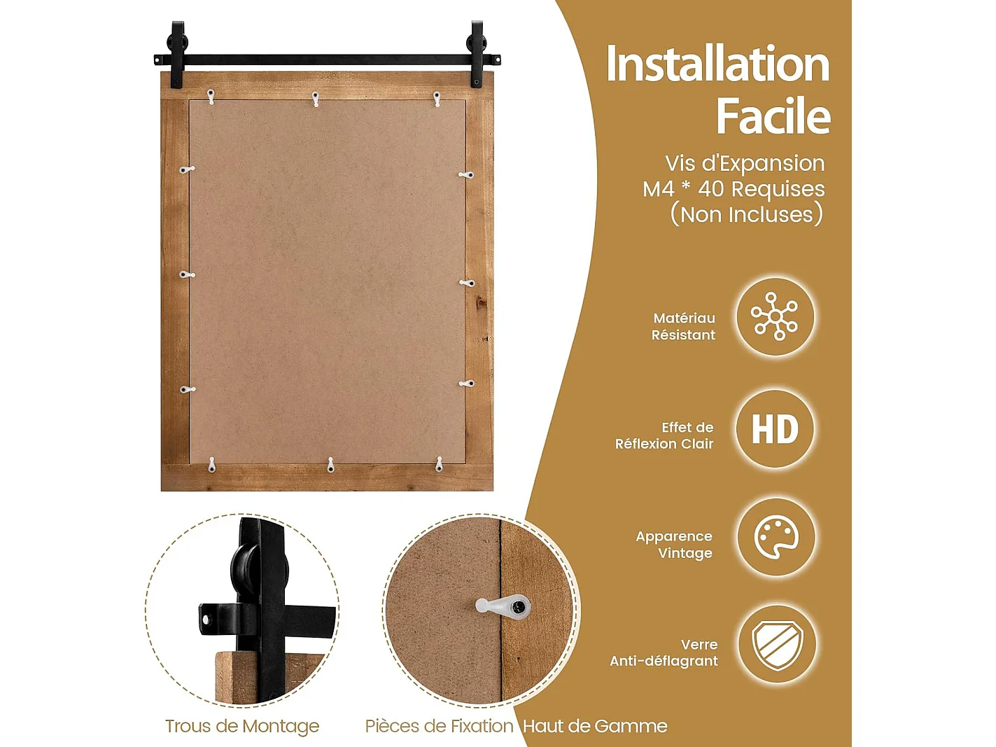 Miroir mural rustique avec cadre en bois massif, miroir avec kit, 76 x 56 cm (marron)