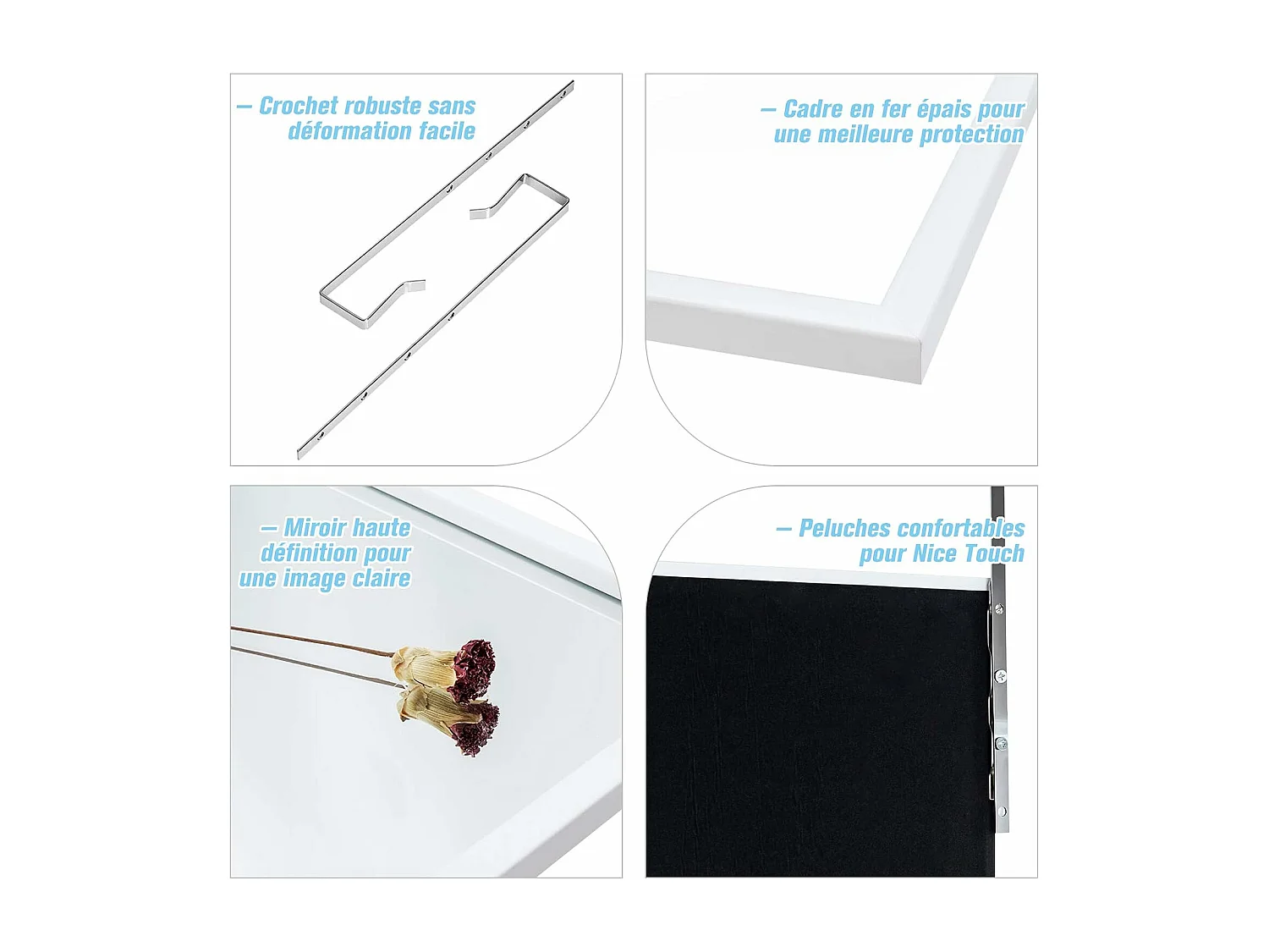 Miroir à suspendre sur porte avec crochets de suspension réglables en hauteur 36,5x107 cm