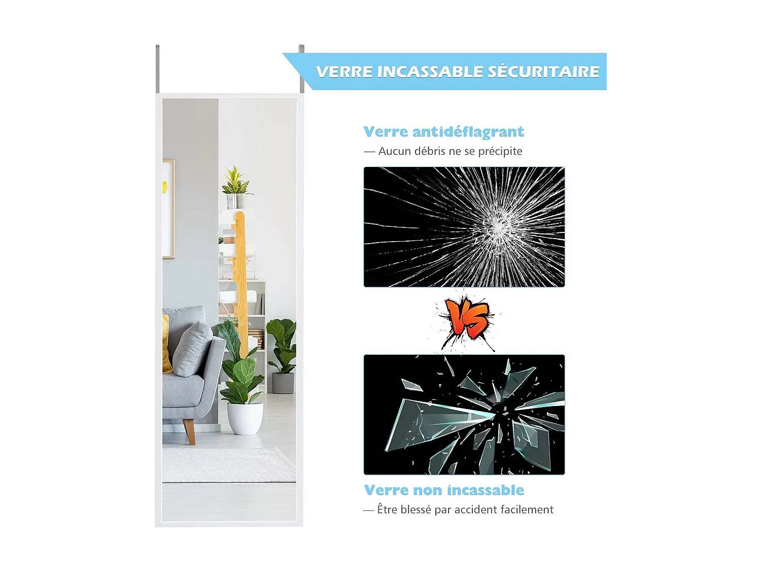 Miroir à suspendre sur porte avec crochets de suspension réglables en hauteur 36,5x107 cm