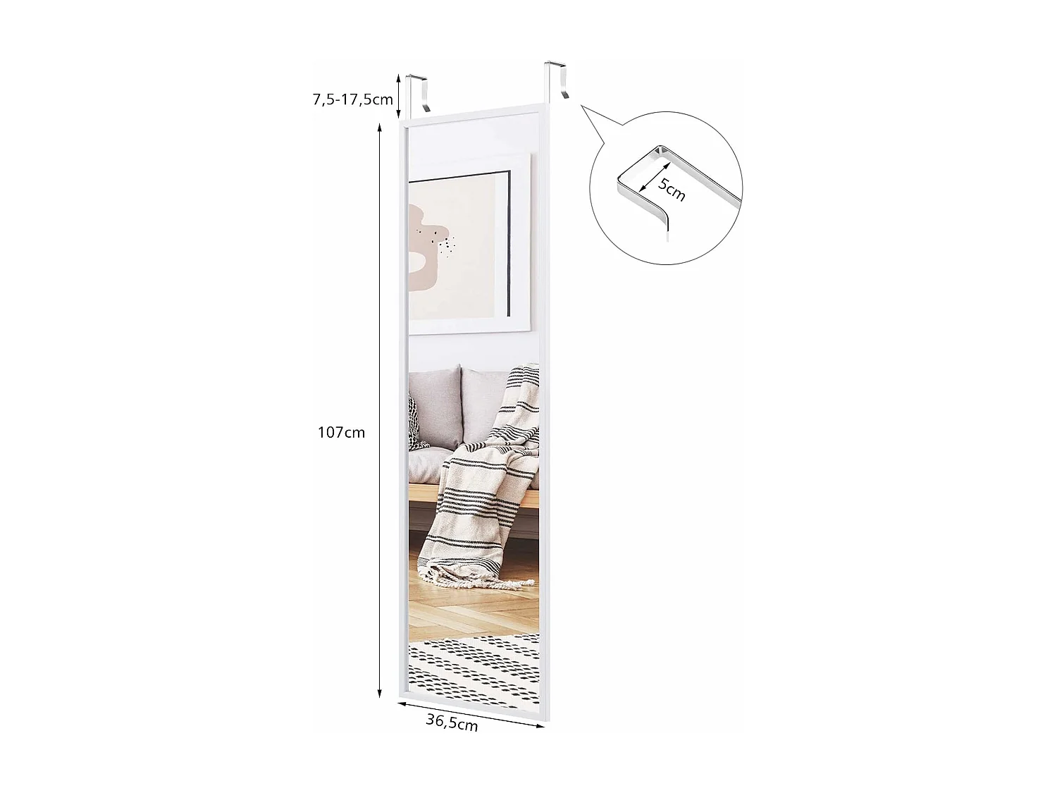 Miroir à suspendre sur porte avec crochets de suspension réglables en hauteur 36,5x107 cm