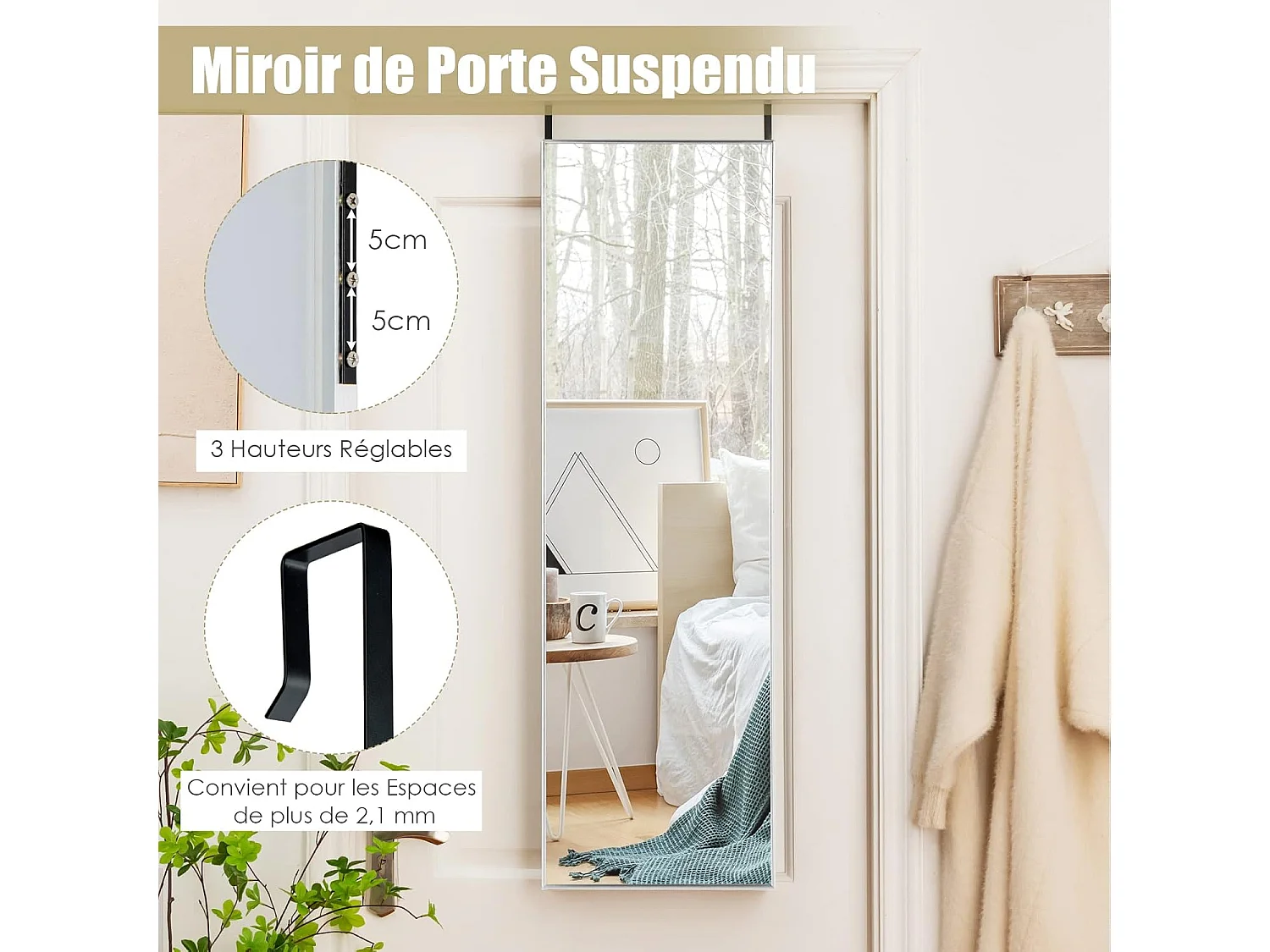 Miroir mural-miroir à suspendre sur porte, 120 x 37 cm,cadre en alliage d'aluminium,argent