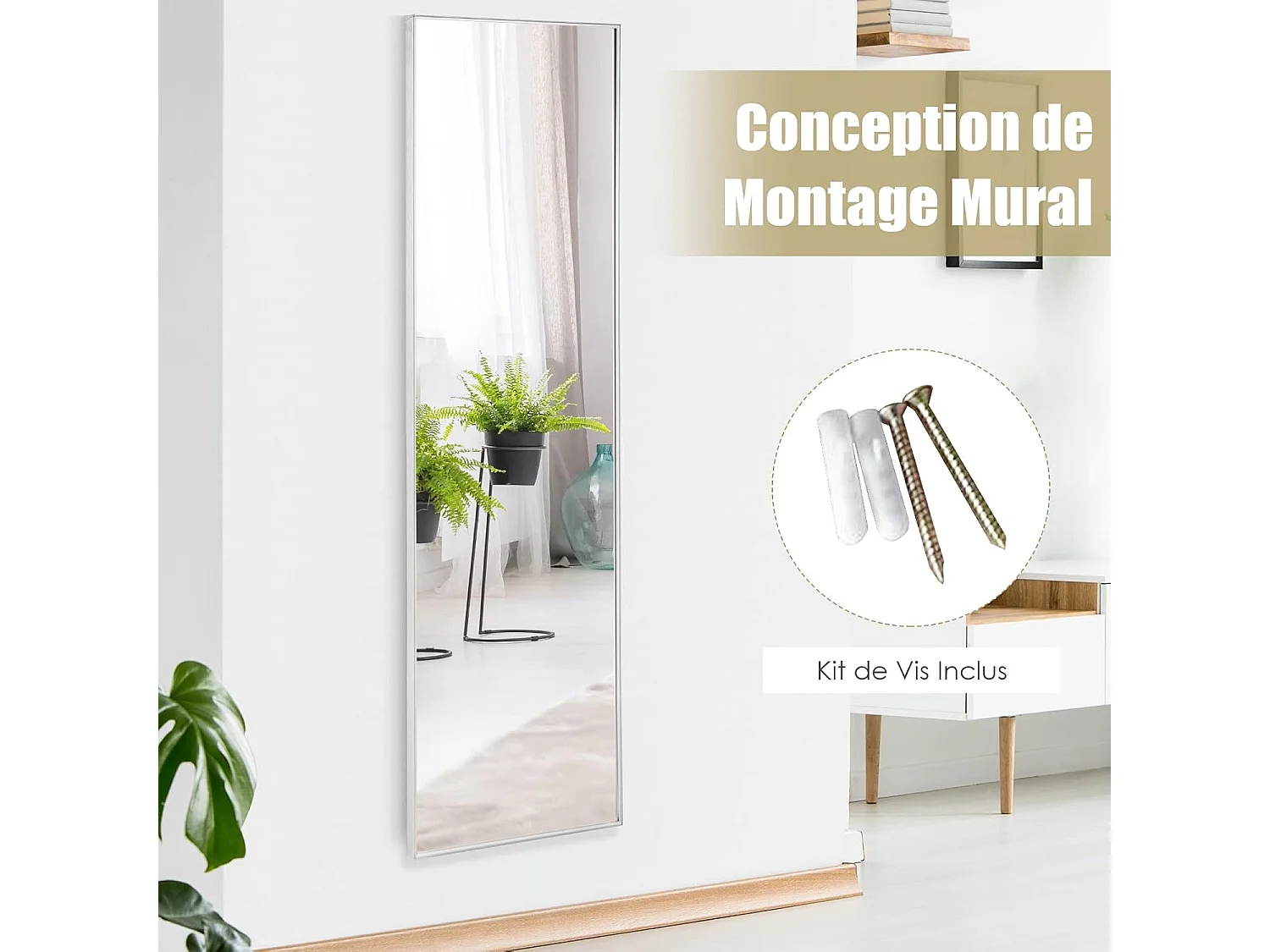 Miroir mural-miroir à suspendre sur porte, 120 x 37 cm,cadre en alliage d'aluminium,argent