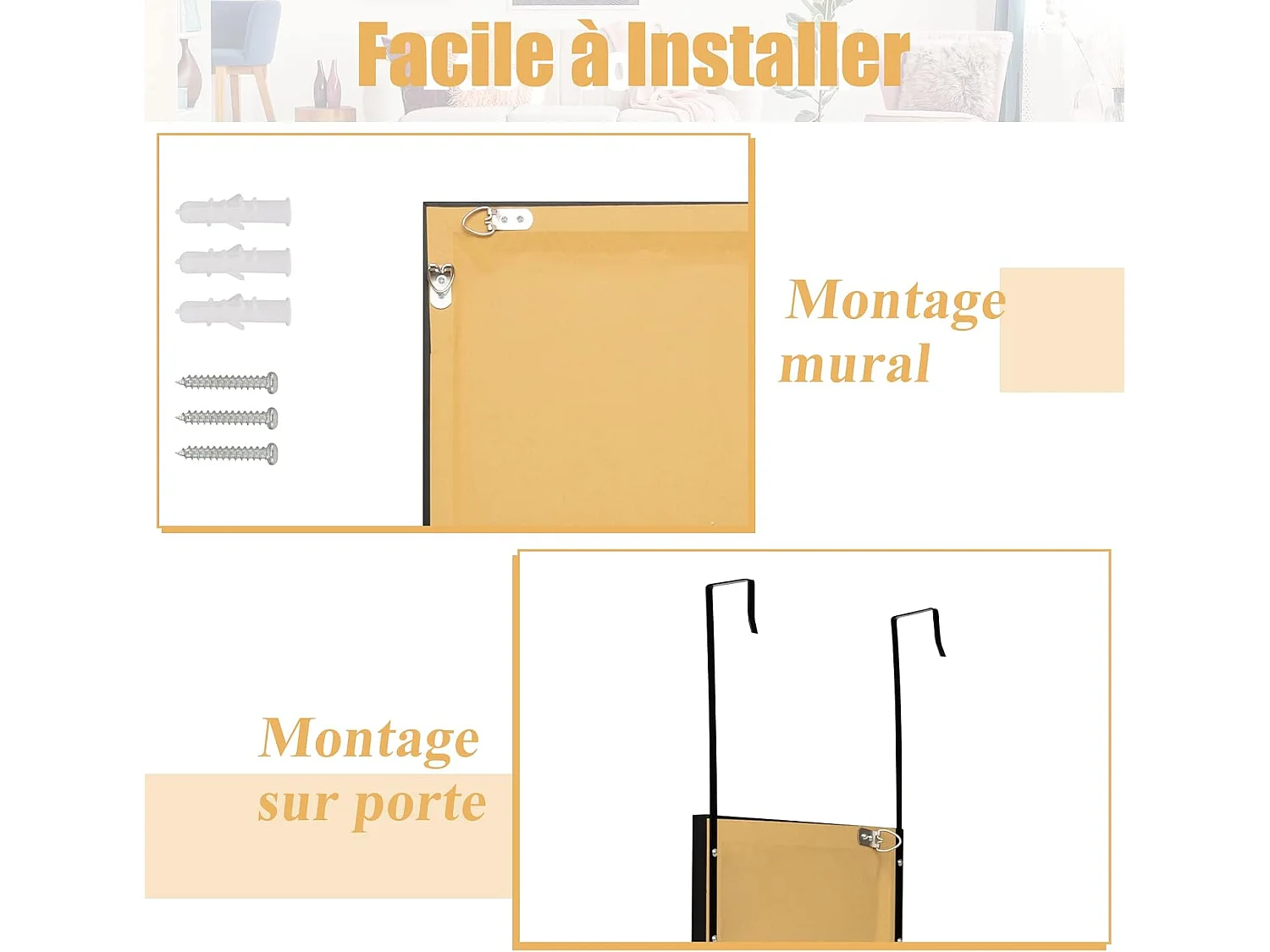 Miroir pleine longueur, 120 x 33 cm, crochets pour suspension porte ou mural,  noir