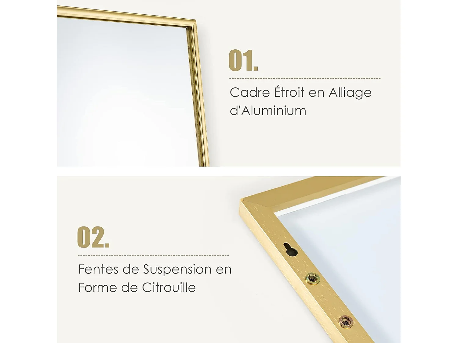 Miroir mural-miroir à suspendre sur porte, 120 x 37 cm, cadre en alliage d'aluminium, or