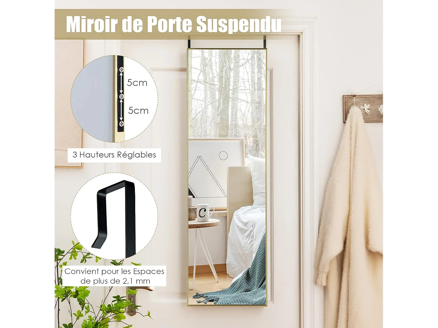 Miroir mural-miroir à suspendre sur porte, 120 x 37 cm, cadre en alliage d'aluminium, or