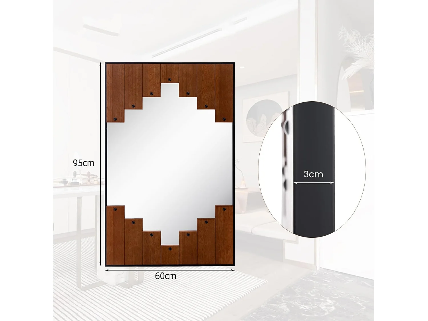 Miroir mural rustique 60 x 95 cm, miroir décoratif en forme de touches de piano, naturel