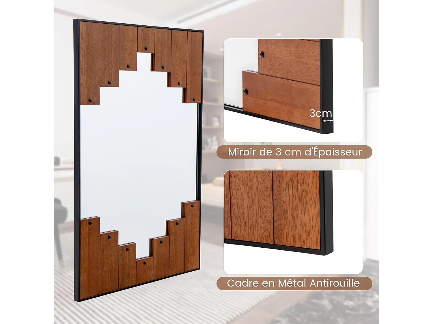 Miroir mural rustique 60 x 95 cm, miroir décoratif en forme de touches de piano, naturel