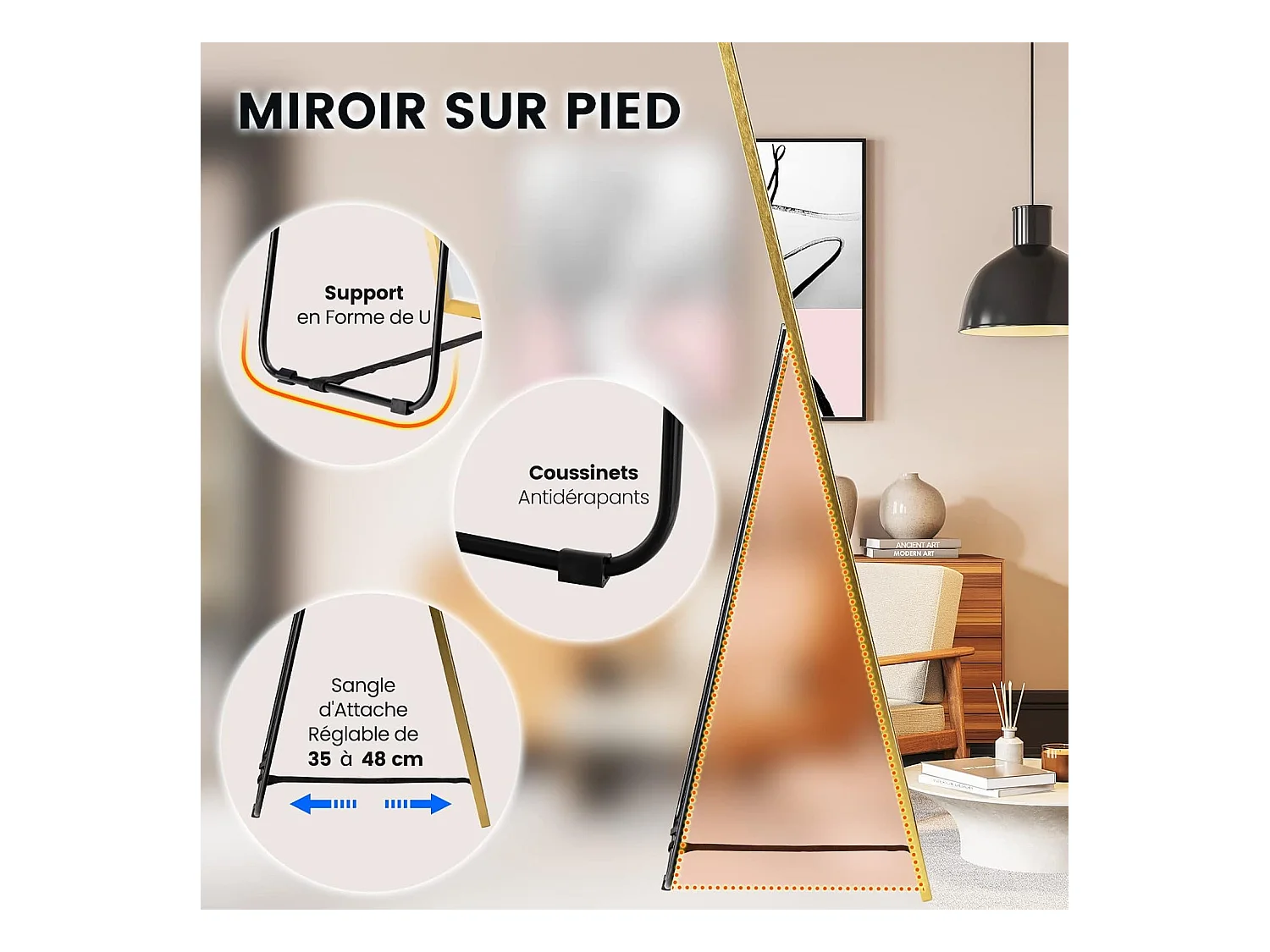 Miroir sur pied rectangulaire-miroir mural, 40 x 160 cm, angle d'inclinaison réglable, or