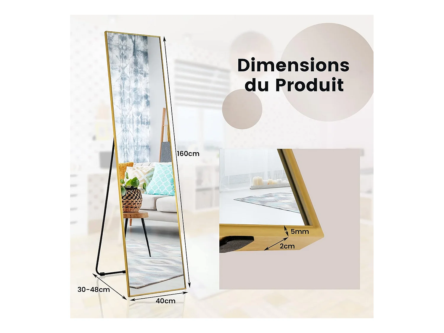 Miroir sur pied rectangulaire-miroir mural, 40 x 160 cm, angle d'inclinaison réglable, or