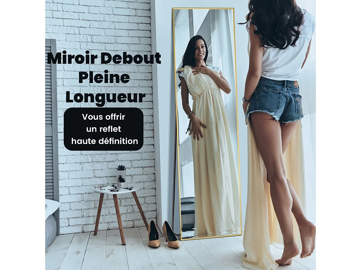 Miroir sur pied rectangulaire-miroir mural, 40 x 160 cm, angle d'inclinaison réglable, or