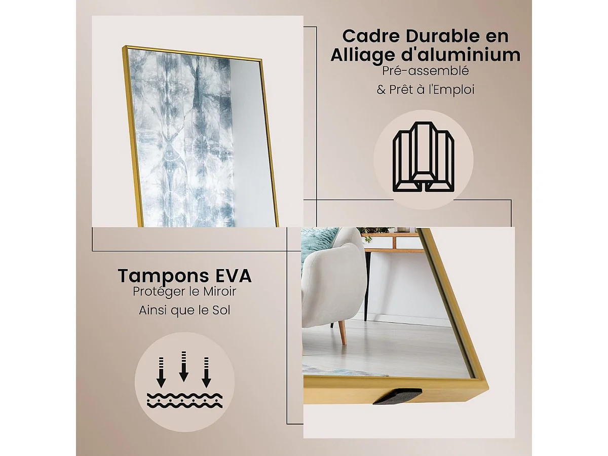 Miroir sur pied rectangulaire-miroir mural, 40 x 160 cm, angle d'inclinaison réglable, or