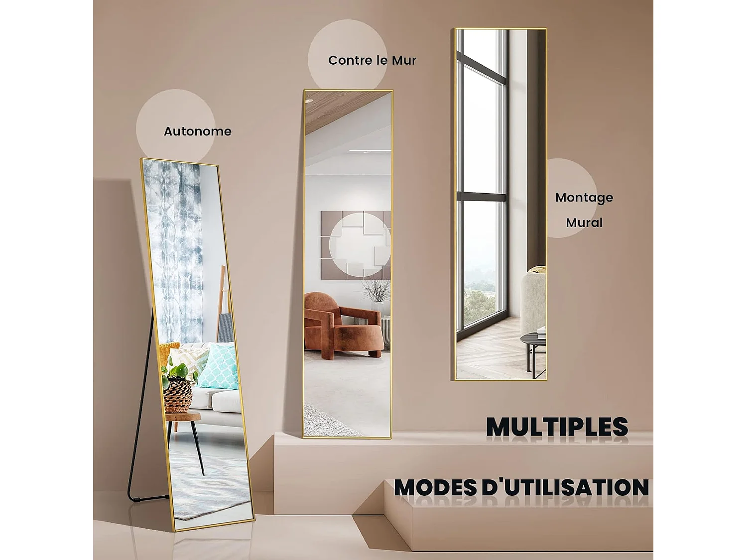 Miroir sur pied rectangulaire-miroir mural, 40 x 160 cm, angle d'inclinaison réglable, or