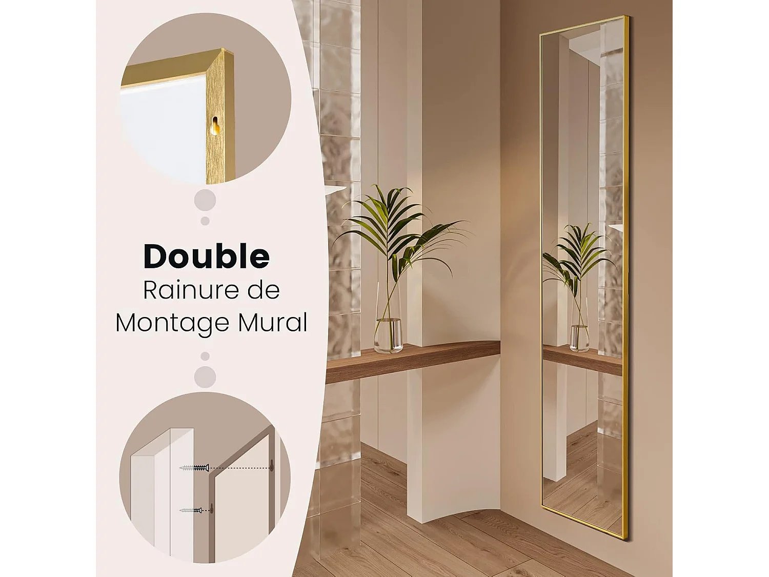 Miroir sur pied rectangulaire-miroir mural, 40 x 160 cm, angle d'inclinaison réglable, or