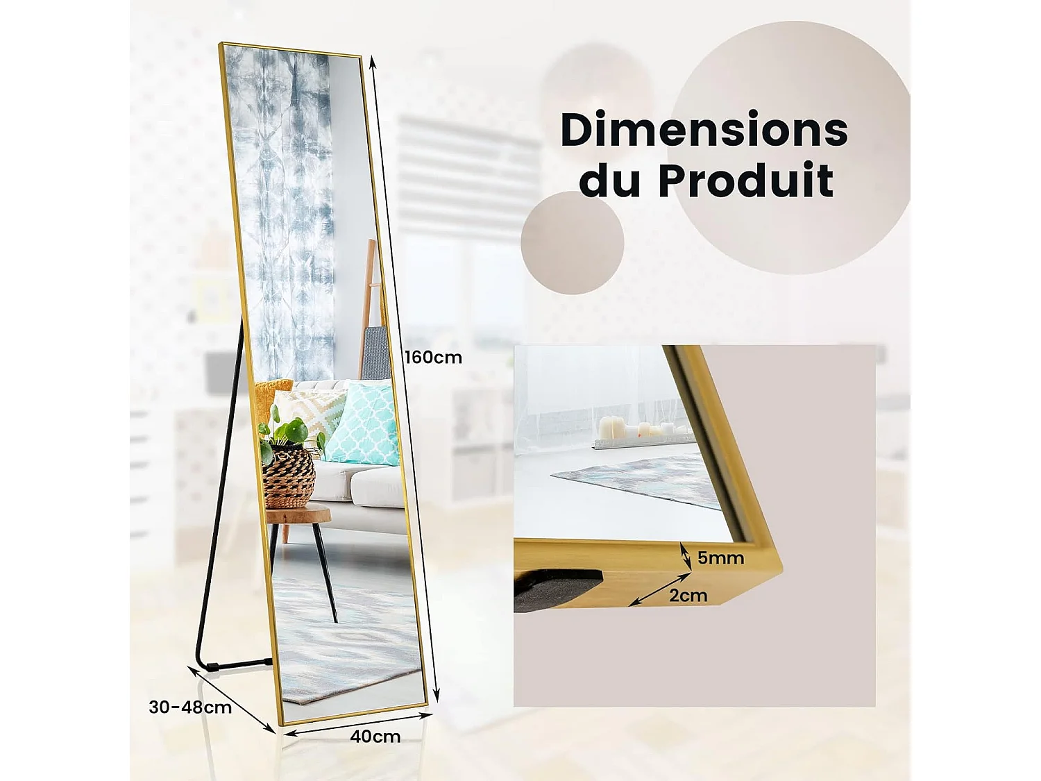 Miroir sur pied rectangulaire-miroir mural, 40 x 160 cm, angle d'inclinaison réglable, or