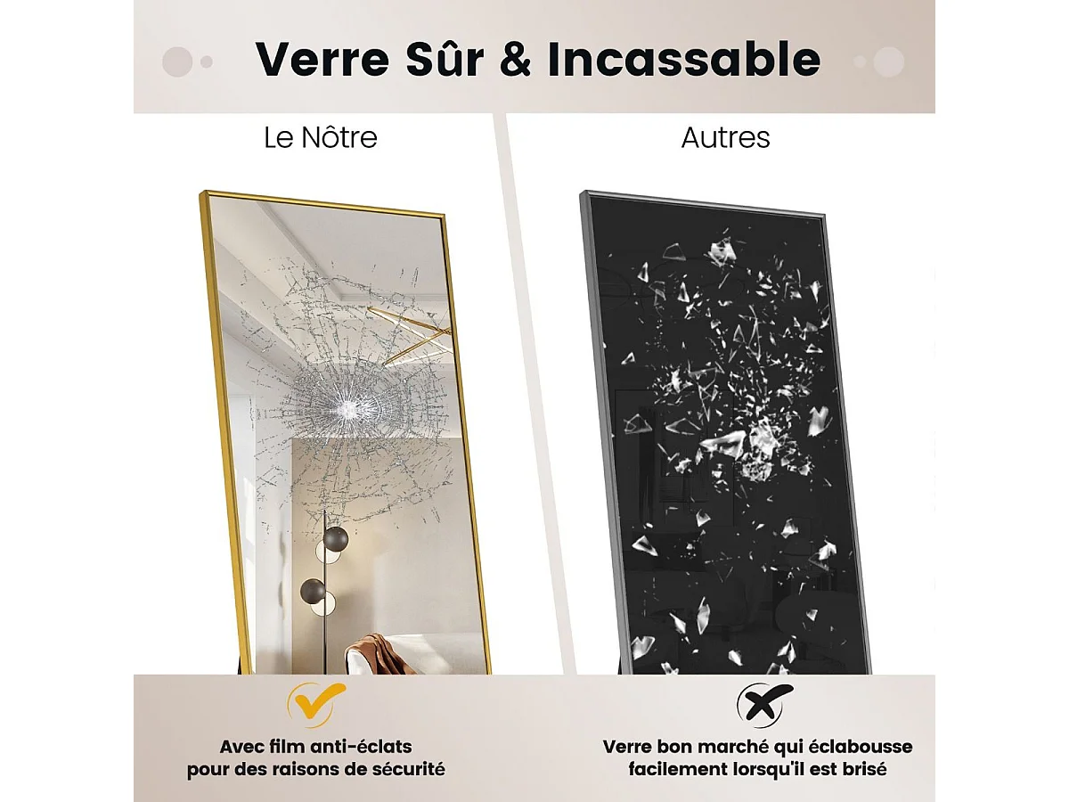 Miroir sur pied rectangulaire-miroir mural, 40 x 160 cm, angle d'inclinaison réglable, or