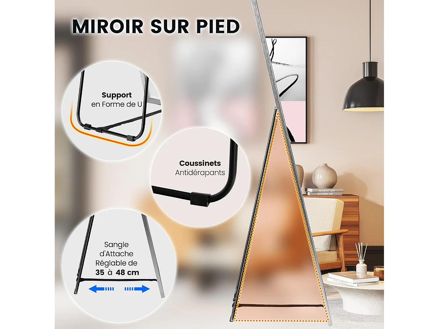 Miroir sur pied rectangulaire-miroir mural, 40 x 60 cm,angle d'inclinaison réglable,argent