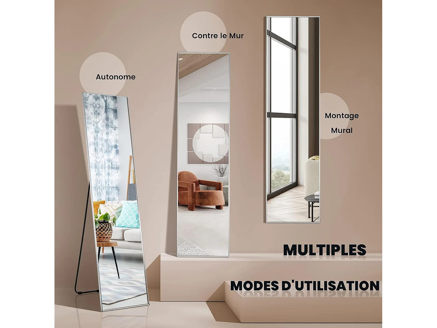 Miroir sur pied rectangulaire-miroir mural, 40 x 60 cm,angle d'inclinaison réglable,argent