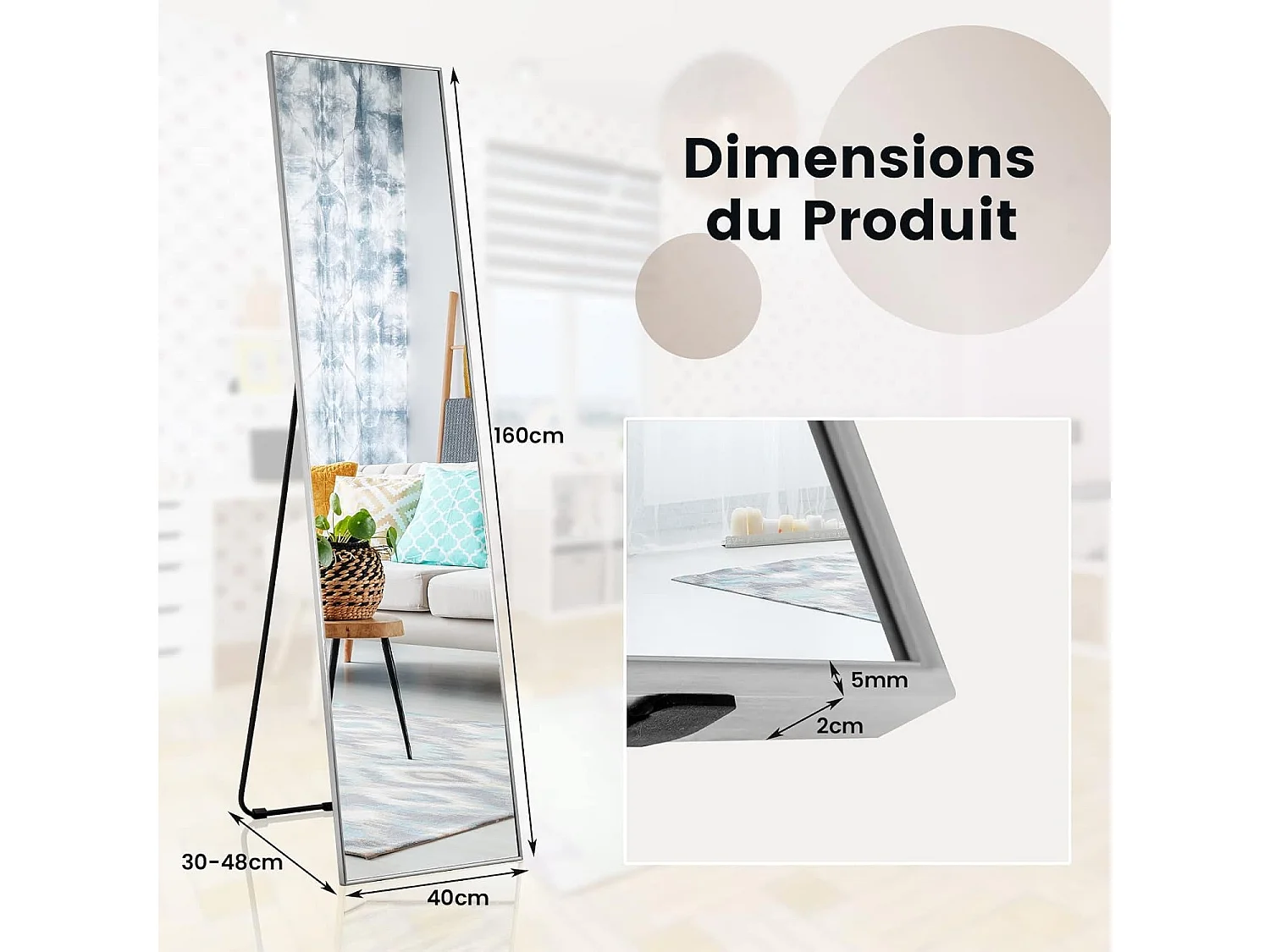 Miroir sur pied rectangulaire-miroir mural, 40 x 60 cm,angle d'inclinaison réglable,argent