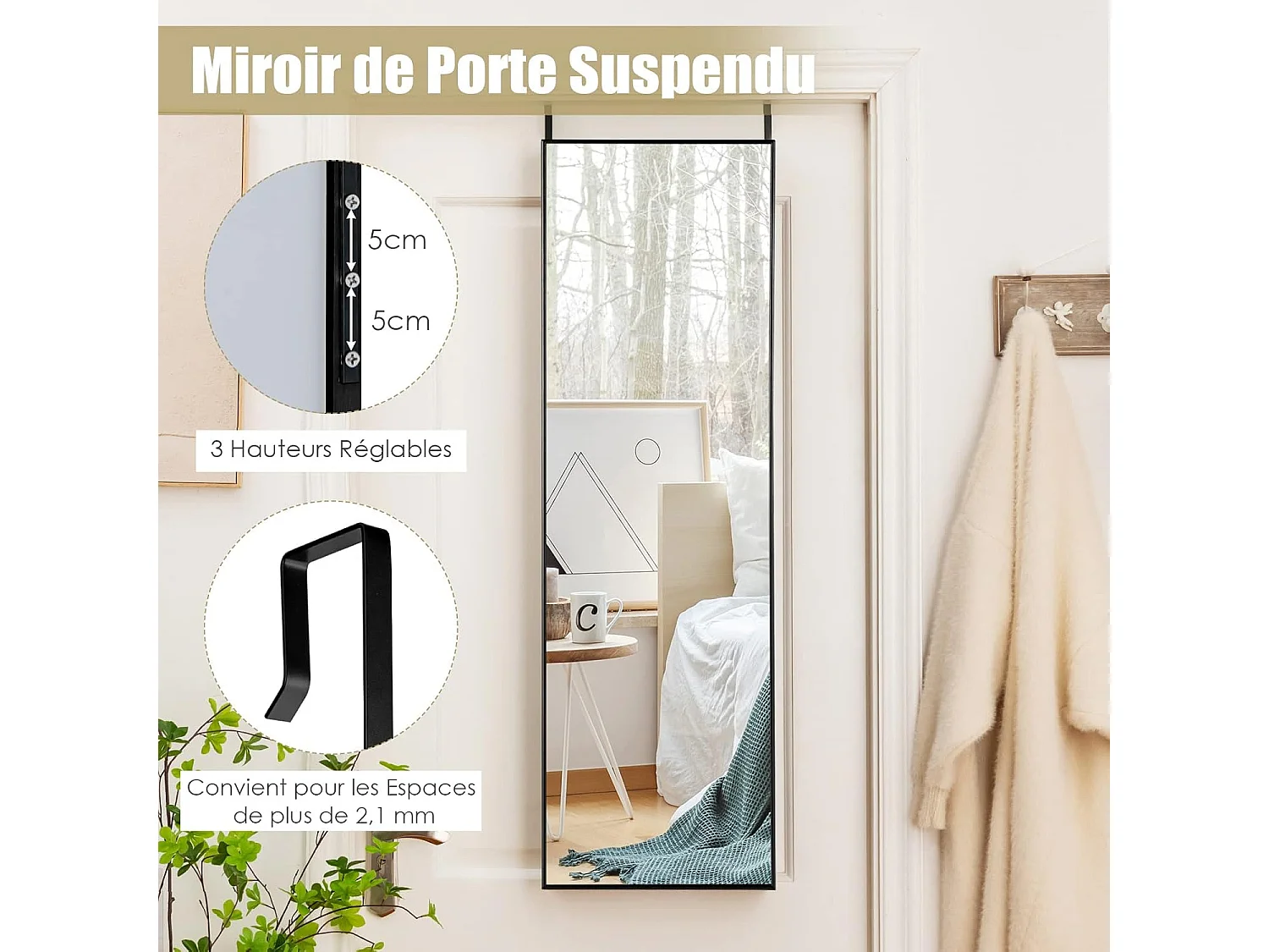 Miroir 120 x 37 cm au-dessus de la porte, cadre en alliage d'aluminium (noir)