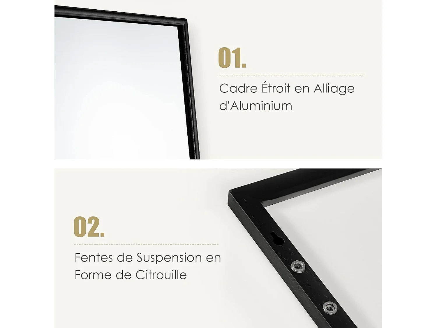 Miroir 120 x 37 cm au-dessus de la porte, cadre en alliage d'aluminium (noir)