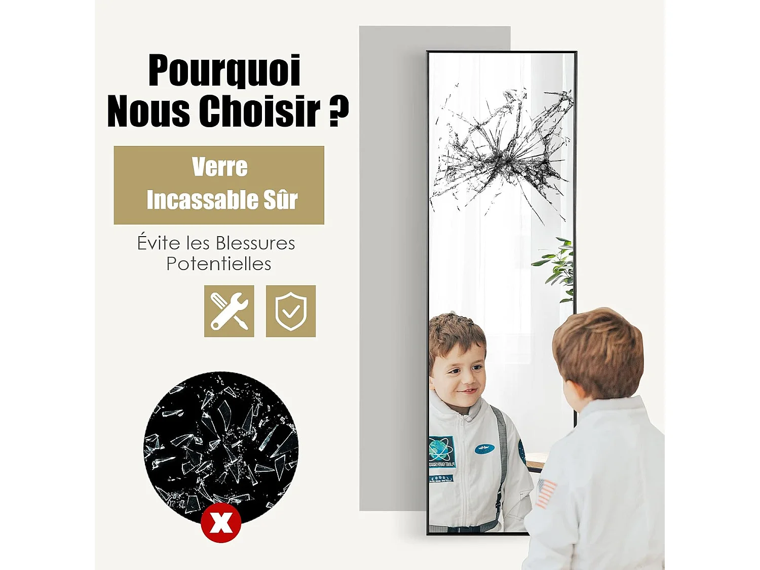 Miroir 120 x 37 cm au-dessus de la porte, cadre en alliage d'aluminium (noir)