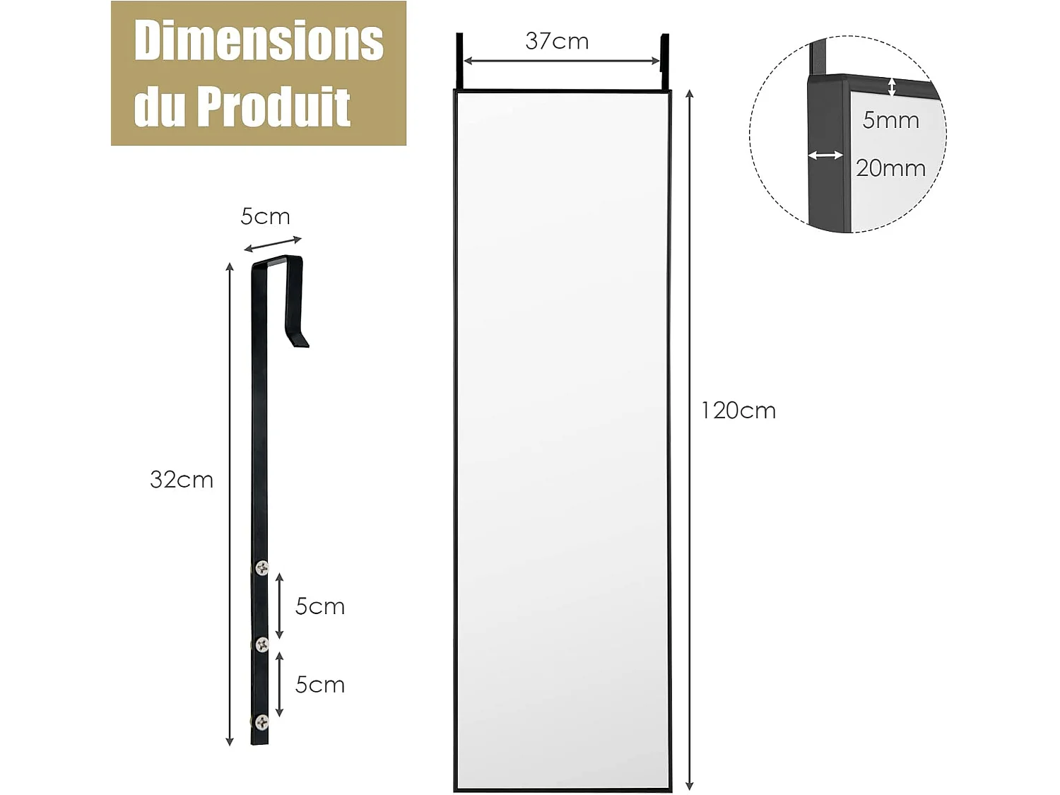 Miroir 120 x 37 cm au-dessus de la porte, cadre en alliage d'aluminium (noir)
