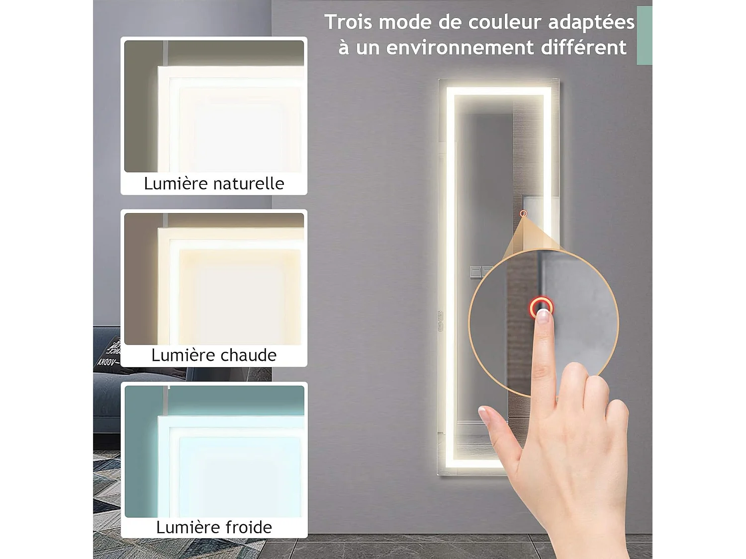 Miroir pleine longueur led, grand miroir led pour porte 120 cm x 37 cm, blanc