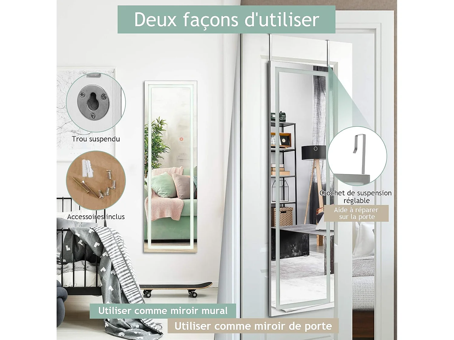 Miroir pleine longueur led, grand miroir led pour porte 120 cm x 37 cm, blanc