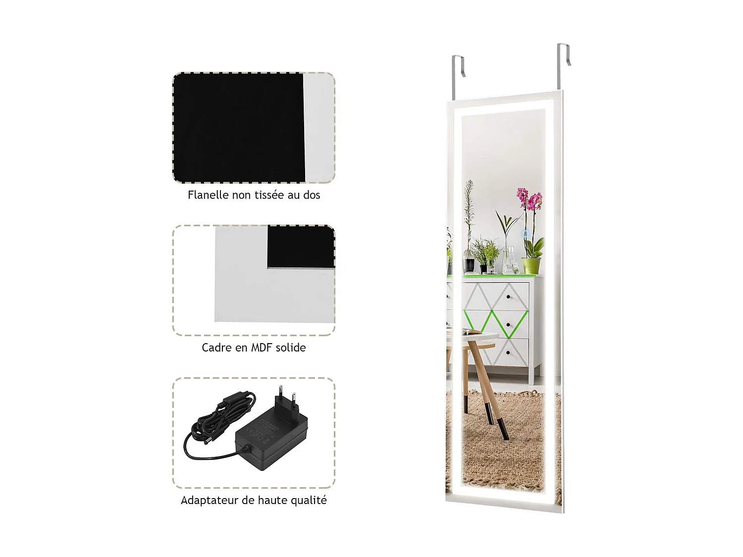 Miroir pleine longueur led, grand miroir led pour porte 120 cm x 37 cm, blanc